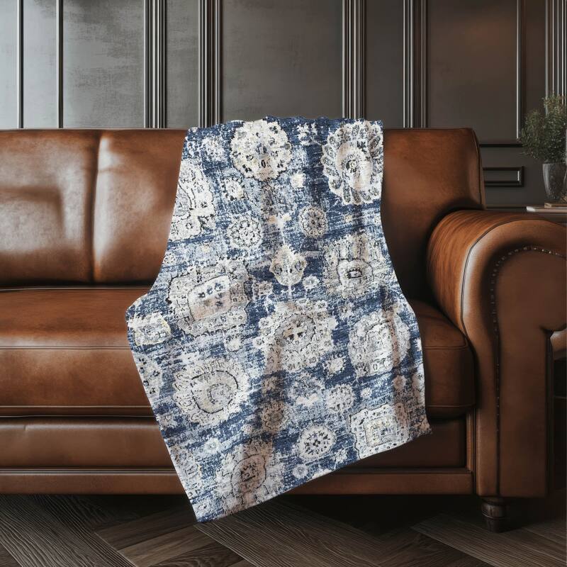 Premium Machine Washable Vintage Persian Sherpa Throw Blanket - Navy - 4'2" x 5'10"