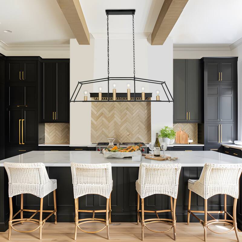 Oversized Modern Farmhouse 6-Light Big Lantern Linear Black Chandelier - 51.2"W x 8.3"D x 21.6" - 112.6"H