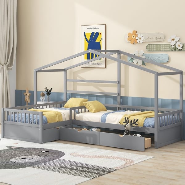 slide 2 of 35, Twin Size House Bed Wood L-Shaped Platform Bed with 3 Storage Drawers Gray