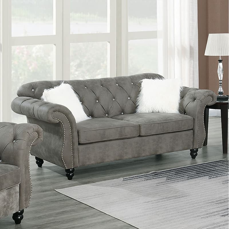 Chenille Love Seat with Nailhead Trim in Light Brown