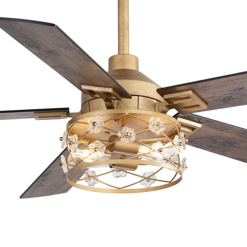 52" Reversible 5-Blade Farmhouse Glam Floral Glass Caged Ceiling Fan with Light and Remote