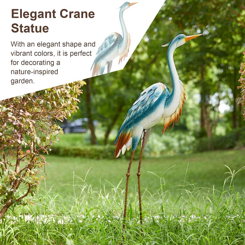 Glitzhome Metal Standing Crane Flamingo Garden Statue with Stakes Yard Art Sculpture Porch Decor