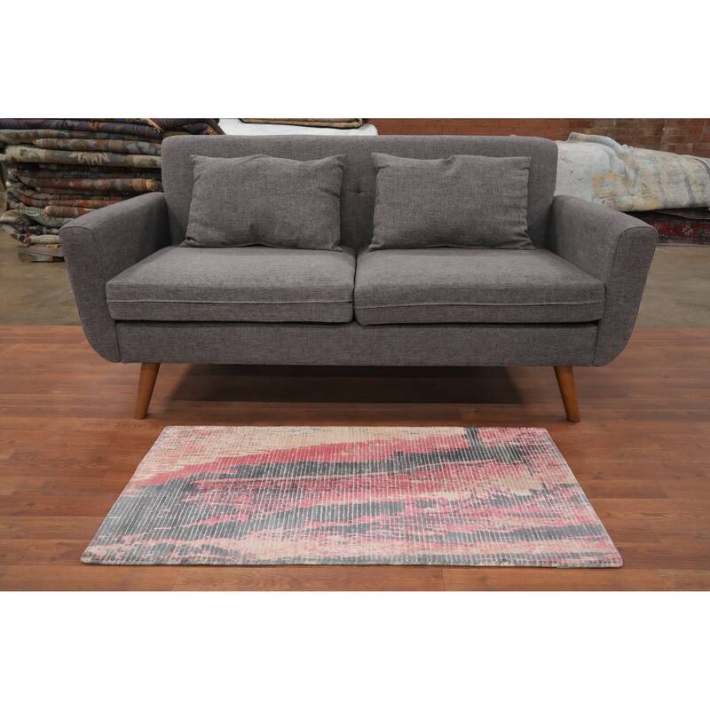 Hand Knotted Oriental Viscose Silk Carpet Modern All-Over Pink Abstract Area Rug - 4' 0'' X 2' 0''