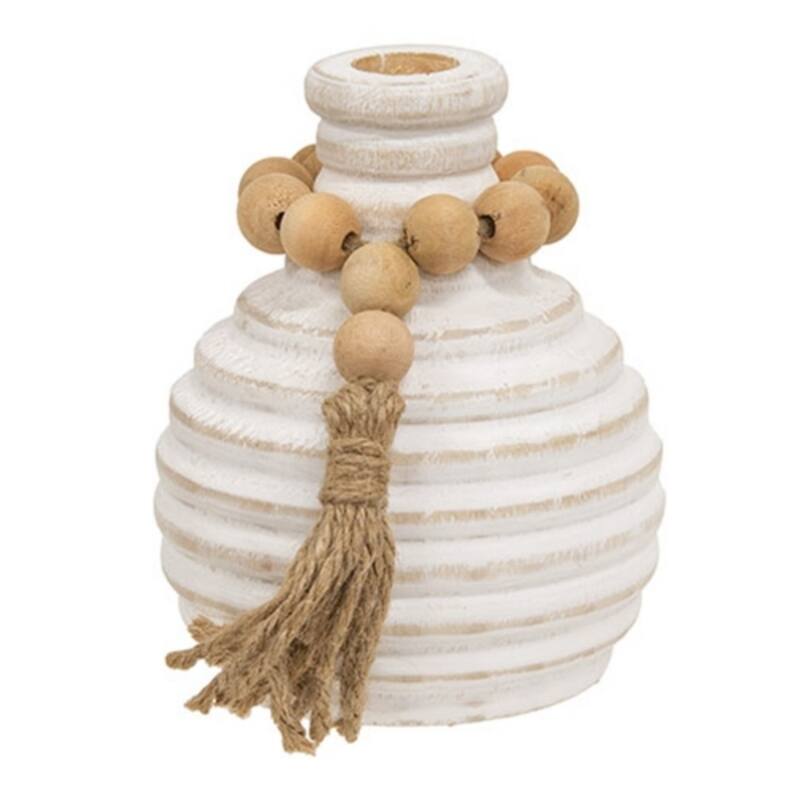 White Wooden Beaded Athens Vase Distressed Accent - 4.75-Inch
