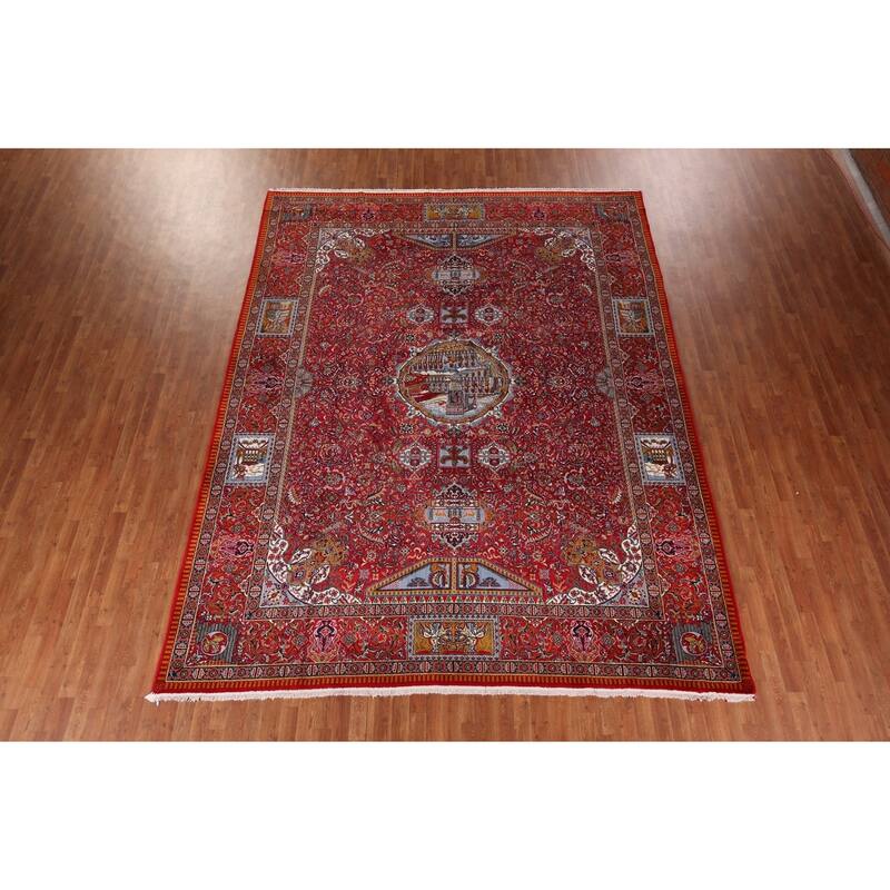 Pictorial Medallion Red Kashan Turkish Area Rug Machine Made Carpet - 9'8" x 12'5"