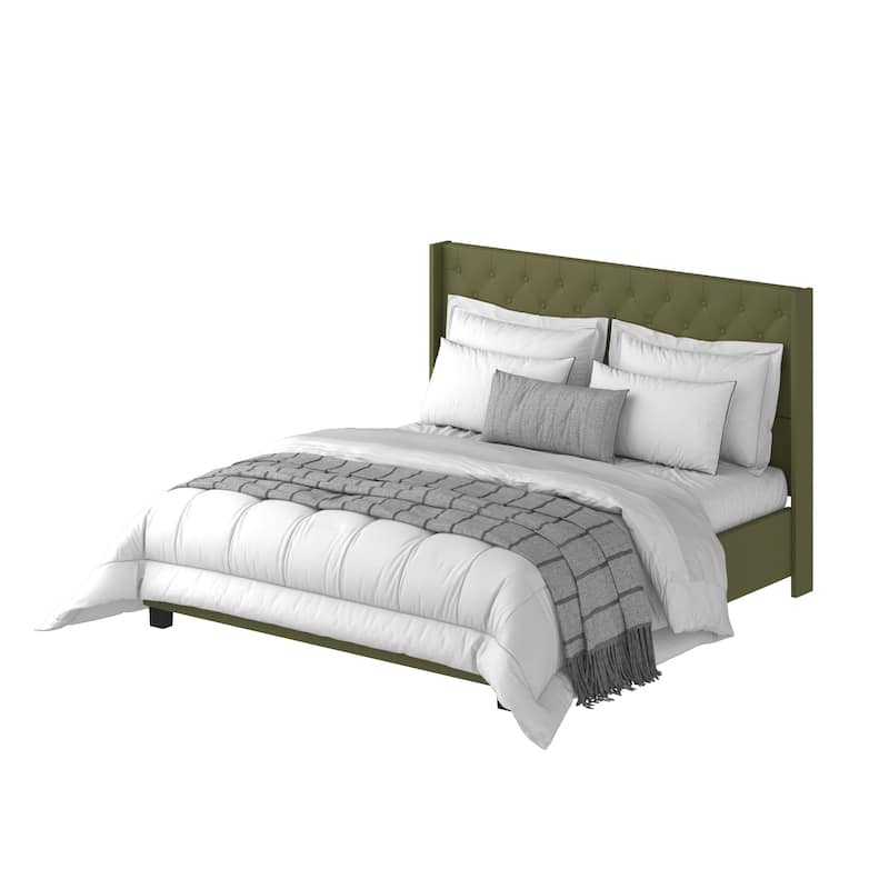 King Size Olive Green Leather Upholstered Platform Bed with Extra Tall 52.8" Tufted Wingback Headboard Bed Frame