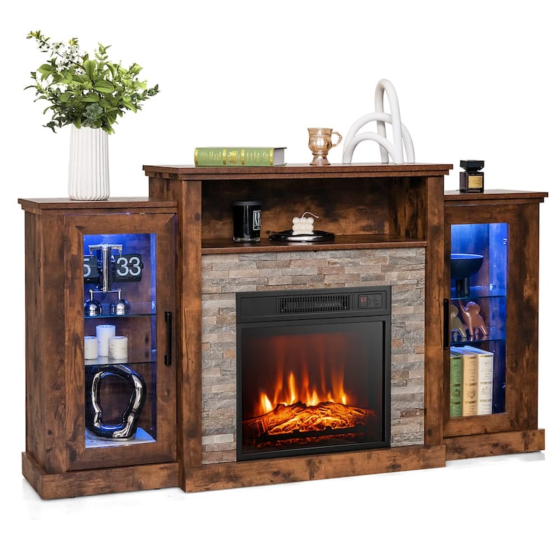 Electric Fireplace TV Stand with 16-Color LED Lights and Adjustable Glass Shelves for Living Room - 59" x 10" x 32.5"