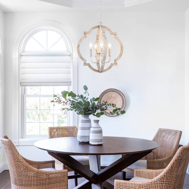 4-Light 16.33"W Wooden Lantern Rustic Chandeliers for Dining Room Kitchen
