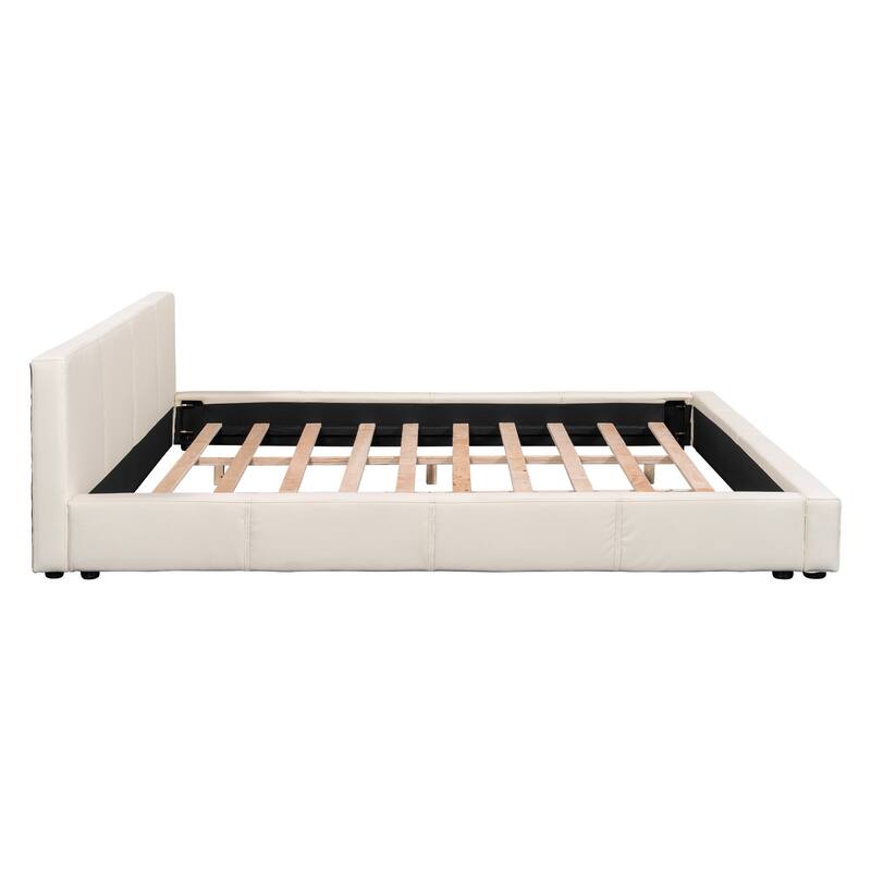 Elegant Beige Upholstered Queen Bed with Sturdy Wood Frame & Faux Leather