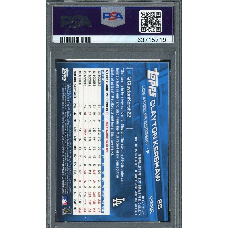 Clayton Kershaw 2017 Topps Chrome With Hat Baseball Card #25 Graded PSA 10 - 8'6" x 11'6"