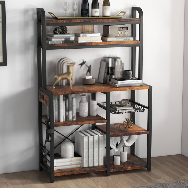 Bakers Rack with Power Outlet, 6-Tier Microwave Stand - Rustic Brown