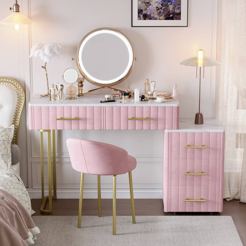 Modern Velvet Upholstered Makeup Vanity with Padded Chair and Left/ Right Adjustable Storage - Pink