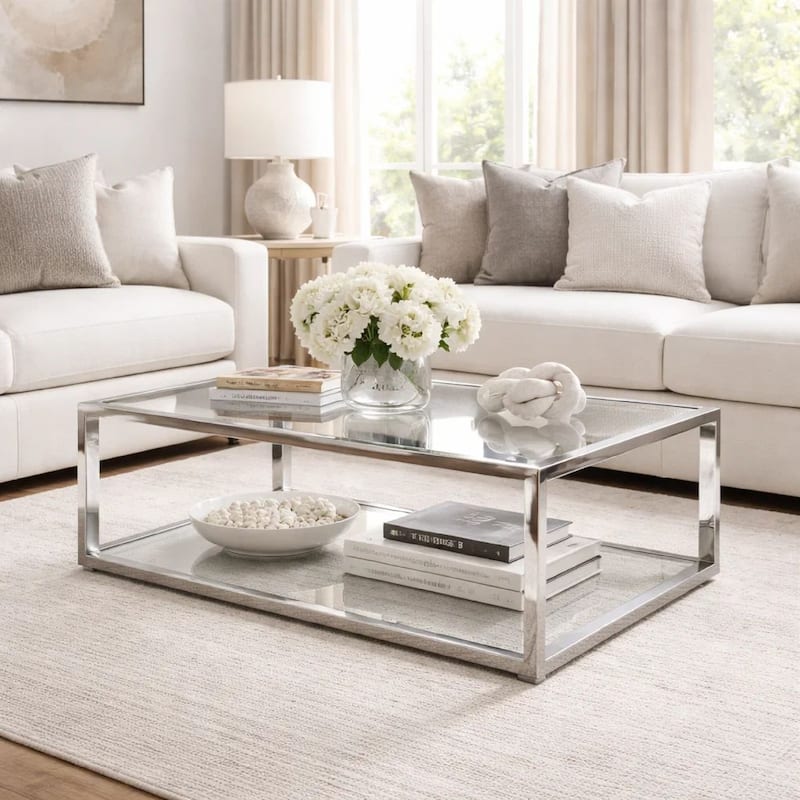 Jape 48 Inch Rectangular Coffee Table, Glass, Steel, Clear Acrylic, White