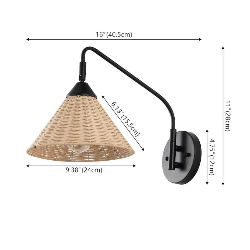 Lily 11" 1-Light Vintage Coastal Rattan/Metal Swing Arm LED Sconce, Black/Natural, by JONATHAN Y