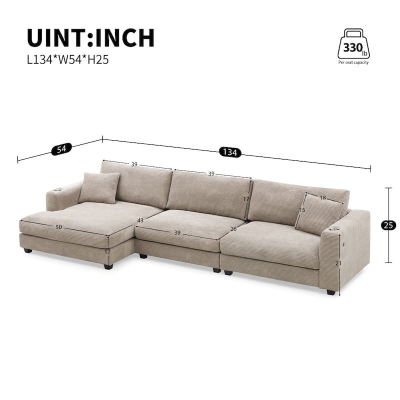 L Shaped Sectional Sofa with USB Charging Port and Cup Holder