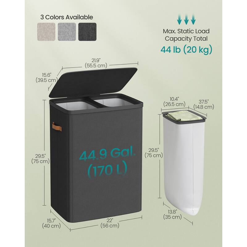 44.9 Gallon Dual-Compartment Laundry Hamper Ink Black, Water-Repellent Polyester - 22"L x 15.7"W x 29.5"H