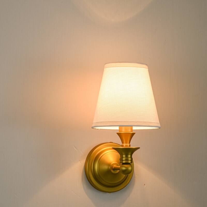 1-Light Farmhouse Black/Gold Iron Wall Sconce with White Fabric Shade