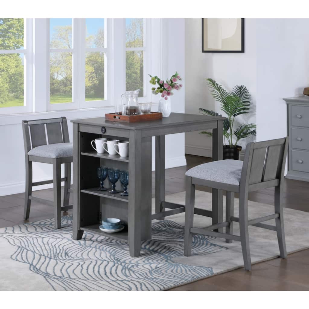 Graham 36" 3-Piece Finish Small Space Counter Height Dining Table with Shelves and 2 Chairs