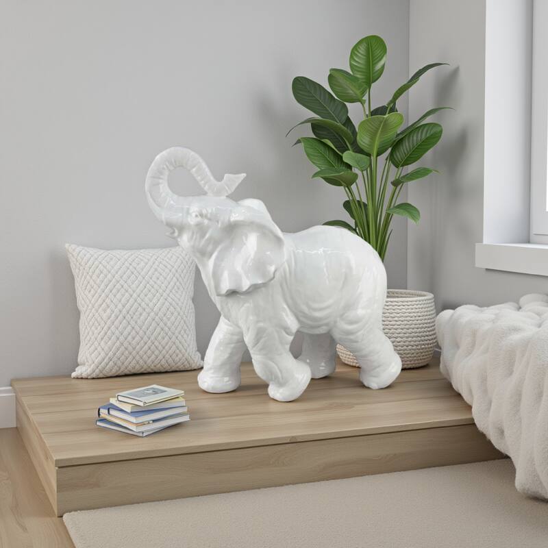 Accent Table Decoration, Elephant Design, 18 Inch White Ceramic Body