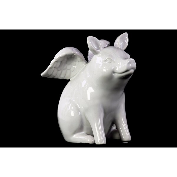 Winged Pig Sitting Ceramic Figurine, Glossy White