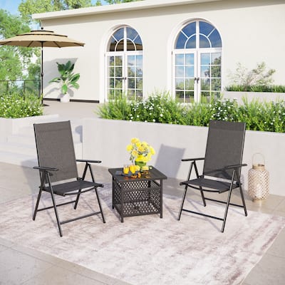 MAISON ARTS 3-Piece Metal Patio Dining Set, 1 Square Table with Umbrella Hole and 2 Folding Sling Chairs