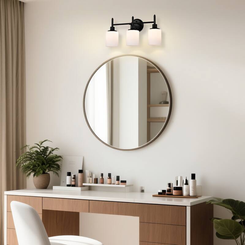 21 in. 3-Light Matte Black Finish Vanity Light with White Glass Shades - 21.6 in. L x 6.75 in. W x 10.6 in. H