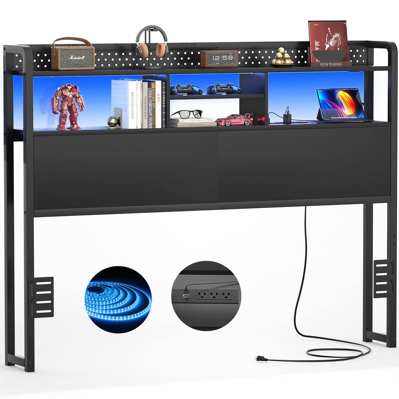 Bed Headboard with Storage Shelf and Charge Station, Height Adjustable Headboard with LED Light