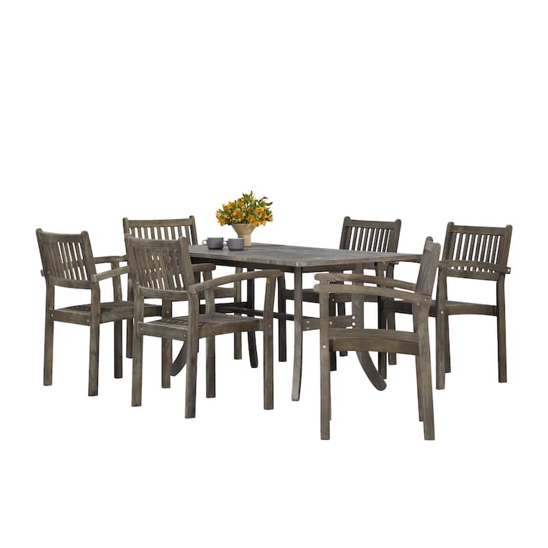 Hakan Wood Patio Curvy Legs Table and Stacking Chair Set