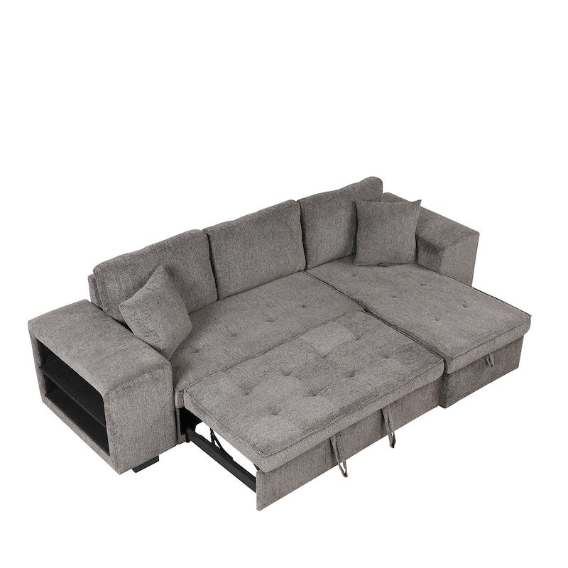104" Modern L-Shape 3 Seat Reversible Sectional Couch, Pull Out Sleeper Sofa with Storage Chaise and 2 Stools
