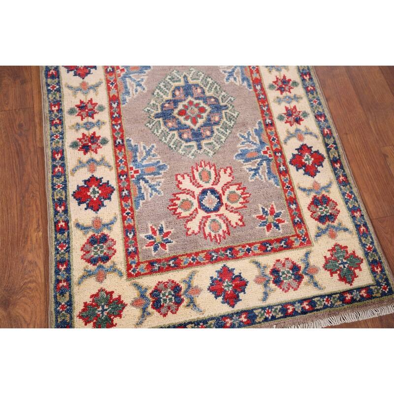 Hand Knotted Oriental 100% Wool Carpet Traditional Geometric Greys & Charcoal Kazak Area Rug - 3' 0'' X 2' 0''