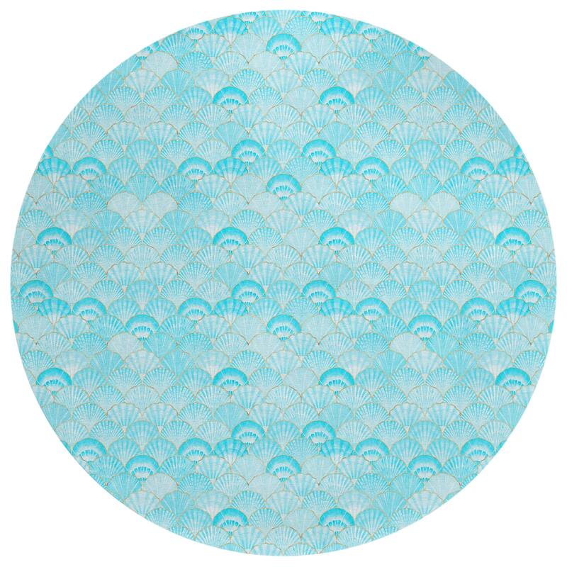 Indoor/ Outdoor Surfside Seashells Washable Rug New - Aqua - 8' x 8'