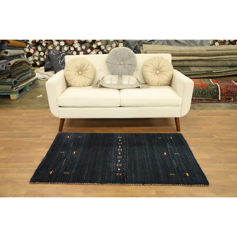 Hand Knotted Oriental 100% Wool Carpet Tribal Animal Pictorial Navy Blue & Blues Gabbeh Area Rug - 4' 10'' X 3' 0''
