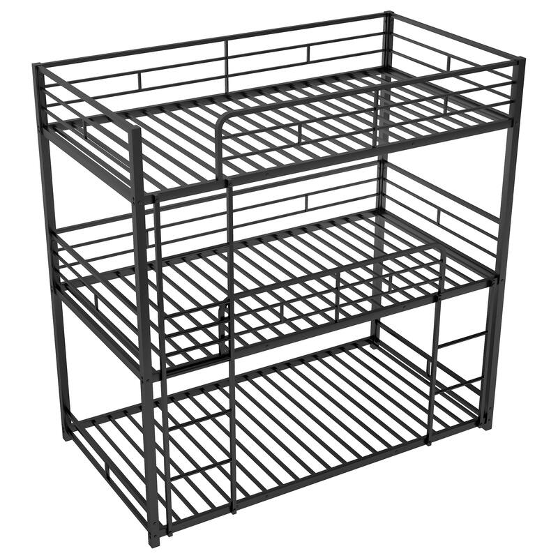 Metal Twin Size Triple Bunk Bed - Sturdy, Space-Saving Design, Full-Length Guardrails, Black/Grey