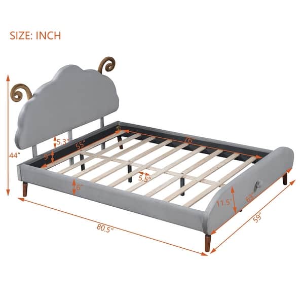 dimension image slide 2 of 5, Full Size Upholstered Platform Bed with animal Shaped Headboard, Adorable and Playful Addition to Any Bedroom