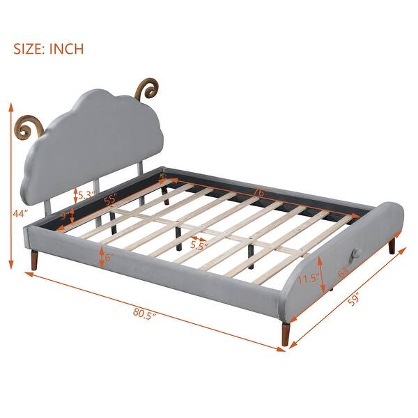 dimension image slide 3 of 4, Twin Size Upholstered Platform Bed Animal Theme Design Bed Frame with Sheep-Shaped Headboard and Footboard, No Box Spring Needed