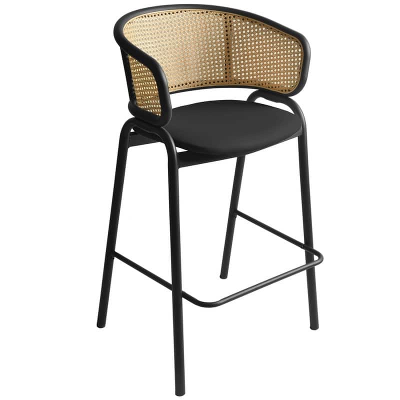 Ervilla Modern Leather Bar Stool with Curved Wicker Backrest & Black Powder-Coated Finish Steel Frame for Home & Kitchen Dining - Black