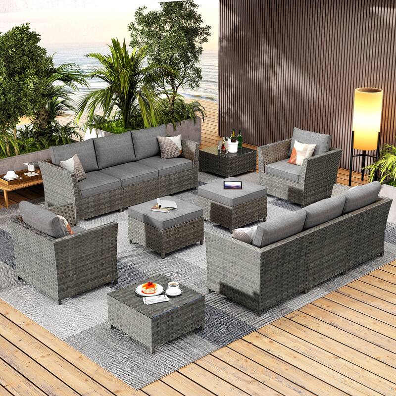 HOOOWOOO 12-piece Wicker Outdoor Sectional Sofa Set with Coffee Table - Dark Grey