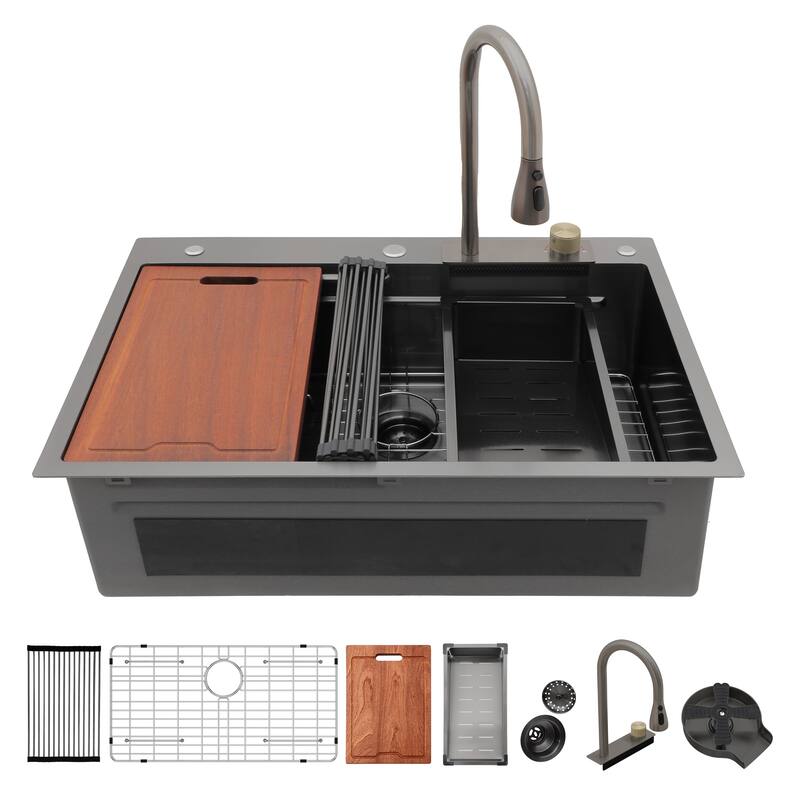 33" Drop in Single Bowl Workstation Kitchen Sink with Pull-Out Faucet and Cup Washer