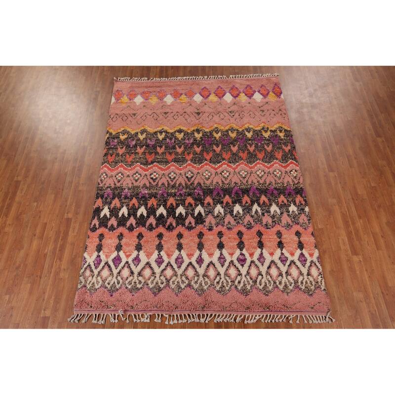 Moroccan Oriental Area Rug Handmade Geometric Pink Wool Carpet - 7'6" x 10'6"
