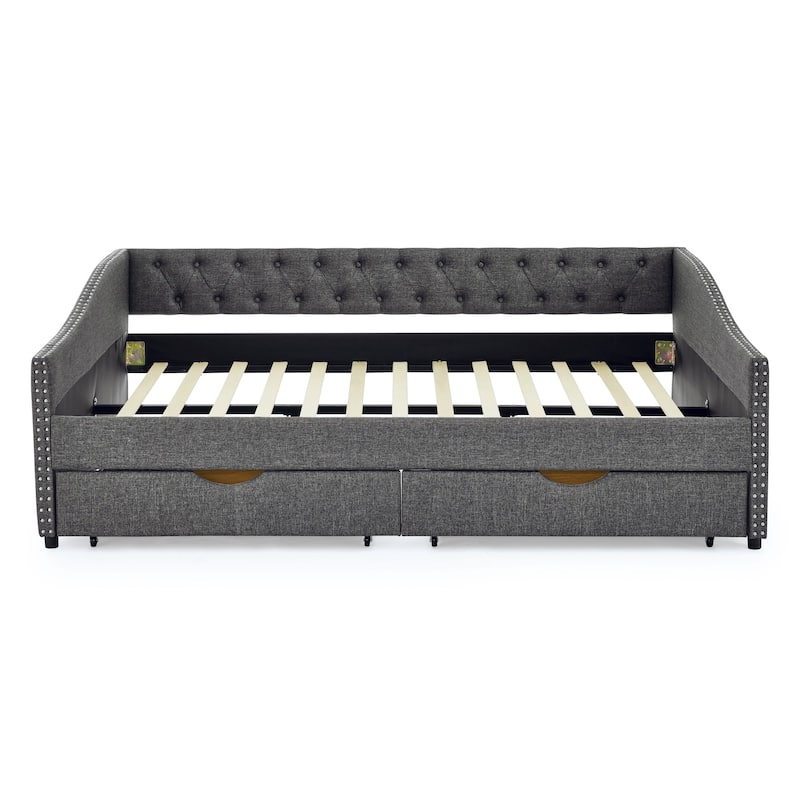 Queen Size Daybed With Drawers Upholstered Tufted Sofa Bed