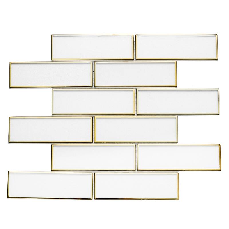 The Tile Life Athena 2x6 White/ Gold Brick Glossy Glass Mosaic Tile for Backsplash & Walls