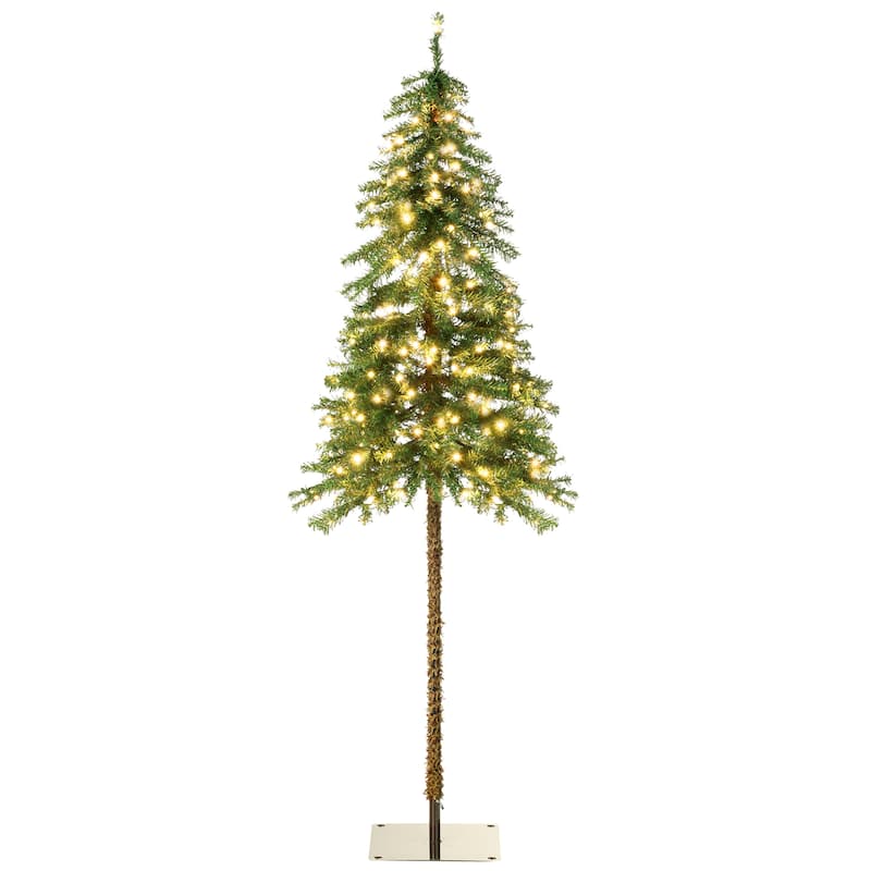 HOMCOM Pre-Lit Pencil Artificial Tree - Warm White/Colorful LED Lights, Steel Base - Green