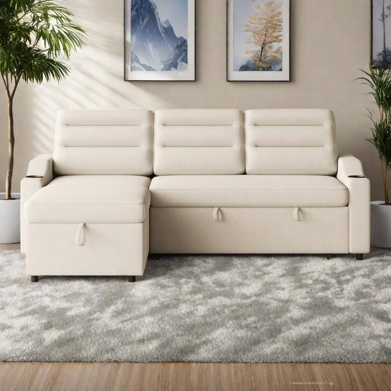 83.5" Fabric Convertible 3-Seater Sleeper Sofa with Pull-Out Bed, Recliner, Storage Pocket, and Cup Holder - Beige