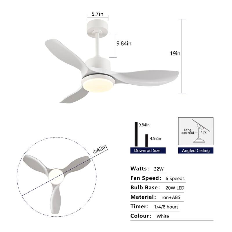 42-Inch Modern White Ceiling Fan With Light, Featuring 3 ABS Plastic Blades, Remote Control Operation - White Marble