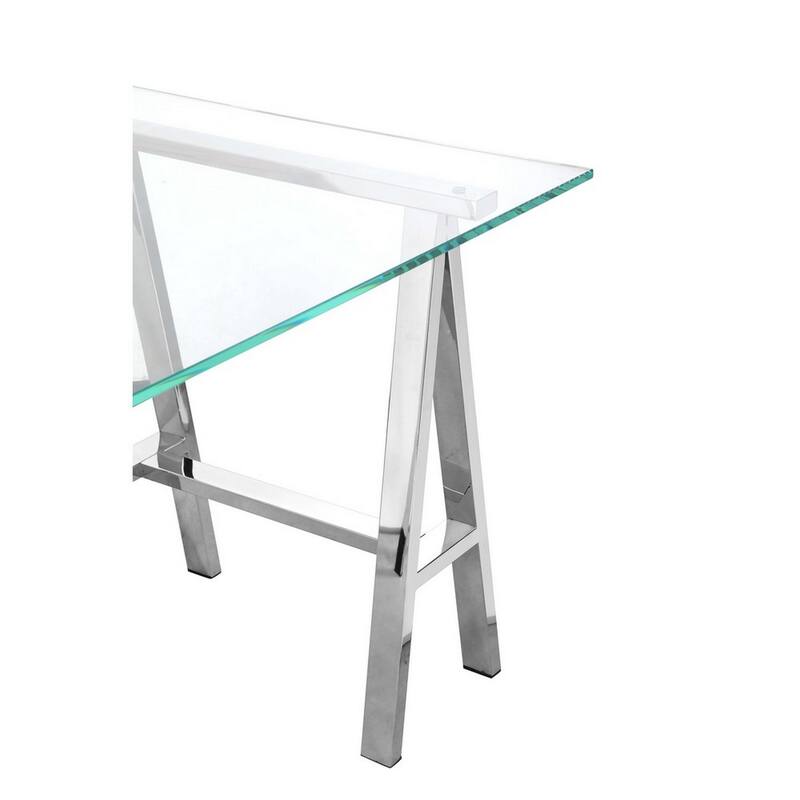 Rani 55 Inch Office Desk, Tempered Glass Top, Modern Chrome Steel Frame