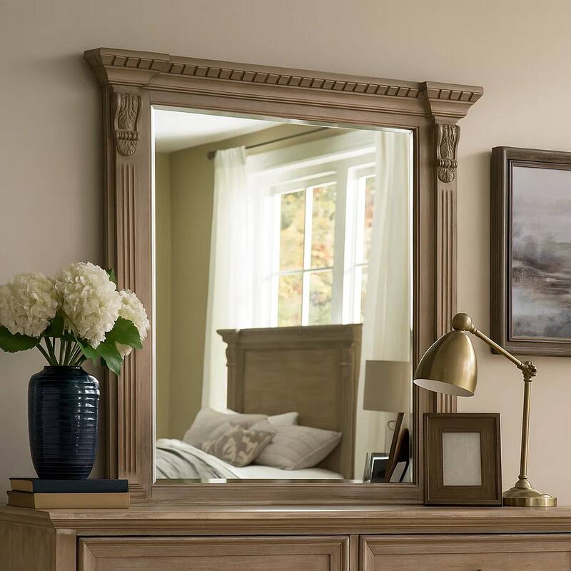 Reven Dresser Mirror, Beveled Glass, Weathered Oak Solid Wood, 46 Inch - Oak Brown