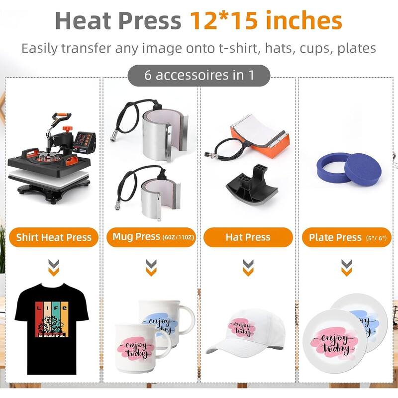 Heat Press Machine 12x15" Heat Press 6 in 1 T-Shirt Printing Machine