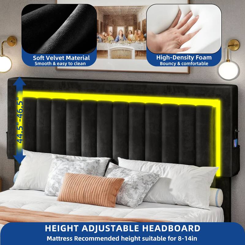 Moasis Velvet Upholstered Platform Bed, Bed Frame with Adjustable Headboard and 4 Storage Drawers