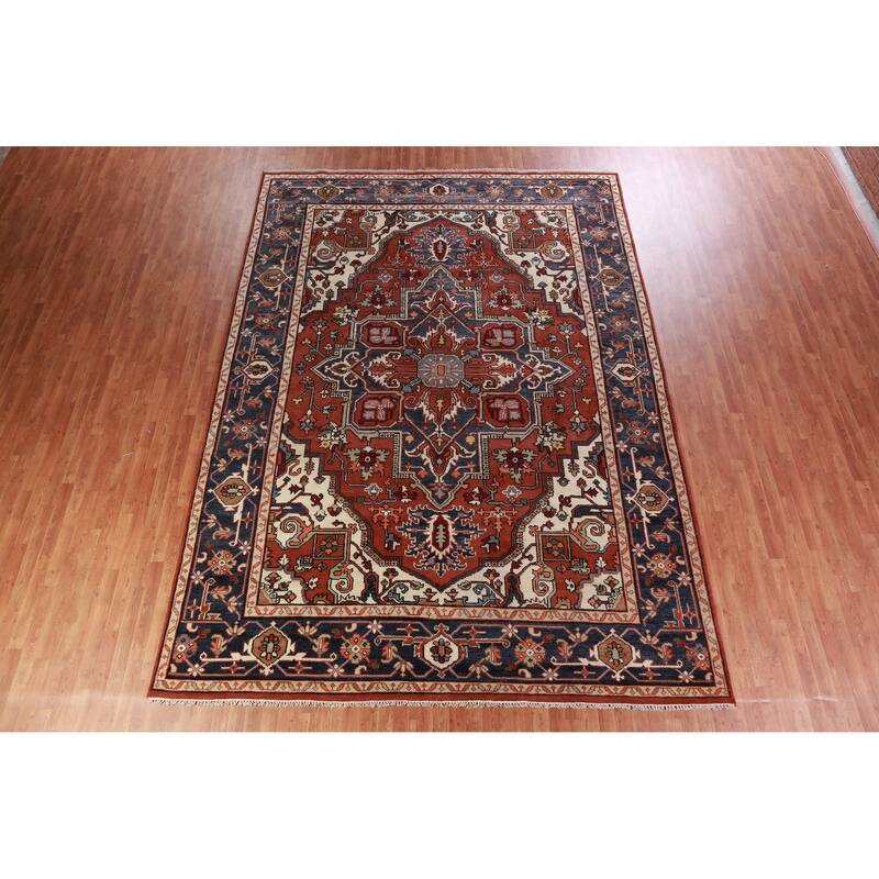 Hand Knotted Oriental 100% Wool Carpet Traditional Medallion Oranges & Rust Heriz (serapi) Area Rug - 13' 9'' X 9' 11''