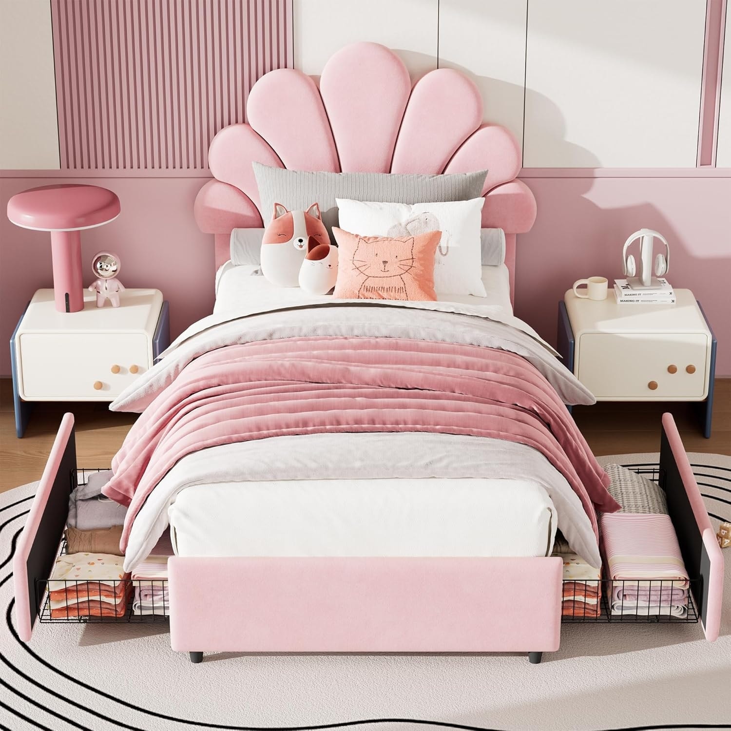 Twin Size Bed Frame for Kids Girls Boys - Upholstered Princess Velvet Platform Bed with Headboard